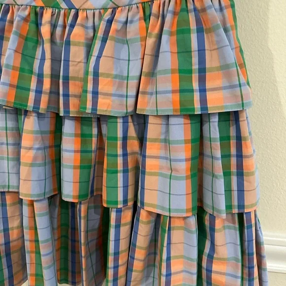 Kate Spade Pastel Plaid Tiered Ruffle Dress in Blue, Peach, Green Size 4 - Picture 9 of 13